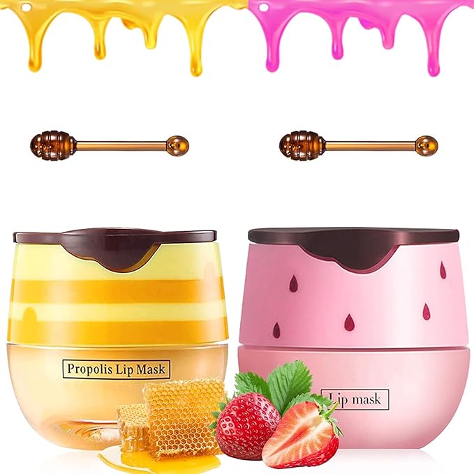2 PCS Bee Lip Balm Honey Pot, Strawberry & Honey Lip Sleeping Masks Overnight, Hydrating Prevention Dry and Cracked Lip Scrubs Exfoliator Lip Care, Reduces Lip Lines-FemmiqueWomen