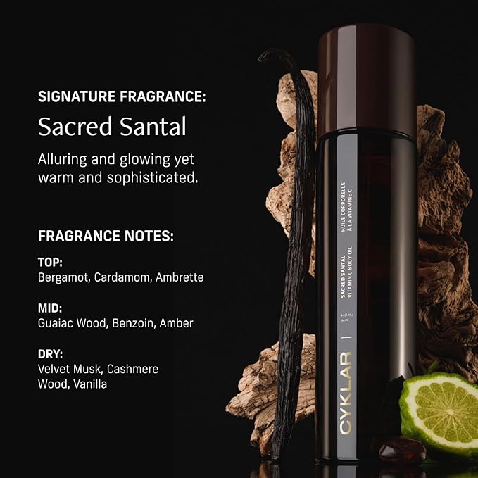 Vitamin C Body Oil for Women and Men. Moisturizing Sacred Santal Scented Body Serum for Glowing Skin. Nourishing, Hydrating After-Shower and Bath Skin Care Moisturizer, 4.2 Fl Oz-FemmiqueWomen