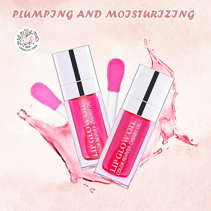 2PCS Lip Oil Set, Hydrating Lip Glow Oil Lip Plumper Gloss, Tinted Lip Oils Transparent Long Lasting Non-sticky Lip Gloss, Plumping Lip Gloss Lip Care Kit (Raspberry & Cherry)-FemmiqueWomen