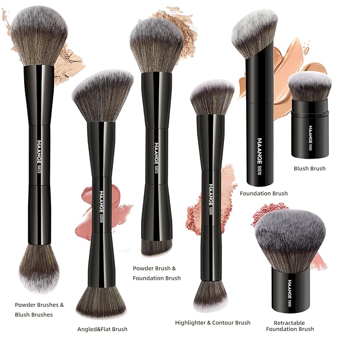 MAANGE 7pcs Makeup Brush Set Double Sided Kabuki Makeup Brushes Contour Brush for Foundation Liquid Powder Concealer Cream Cosmetics Bronzer Blending Blush Buffing Makeup Tools (Black)-FemmiqueWomen