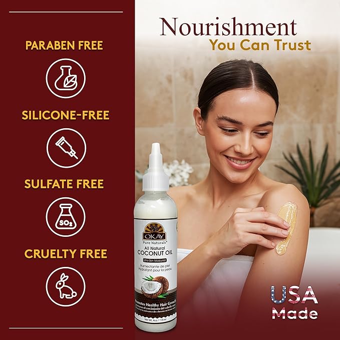 Okay 100% Pure Coconut Oil for Hair & Skin - Coconut Oil for Women & Men, Perfect for Hair & Body, for Massage & Moisturizer, Natural - 4 fl oz Squeeze Bottle (Pack of 1)-FemmiqueWomen