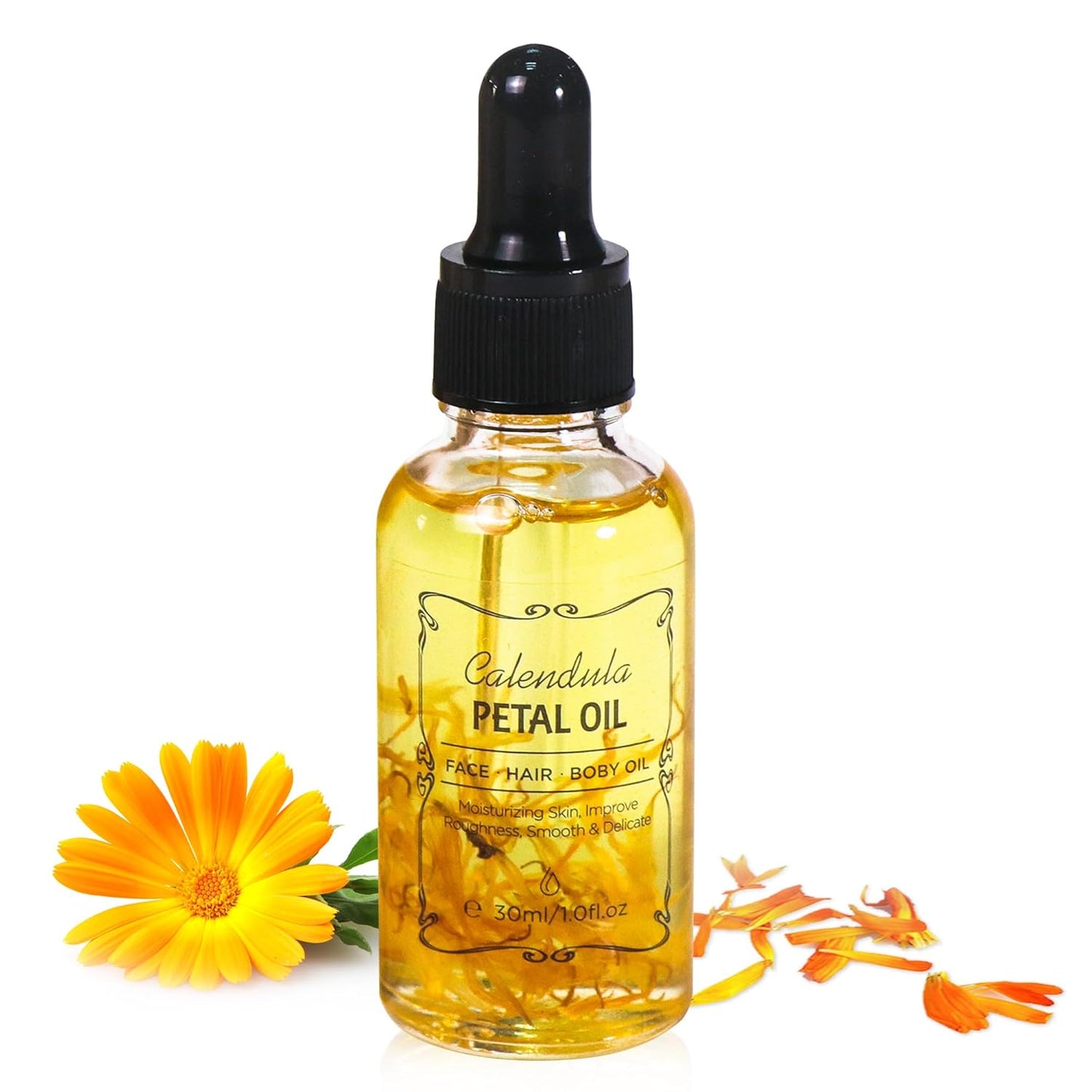 Calendula Essential Oil with Flower Petal, Sunflower Seed, Olive Fruit Natural Massage Oils for Nails, Hair, Body, Face Moisturizing Skincare Oil Serum Dry Hair Strengthening Treatment All Types 30ml-FemmiqueWomen