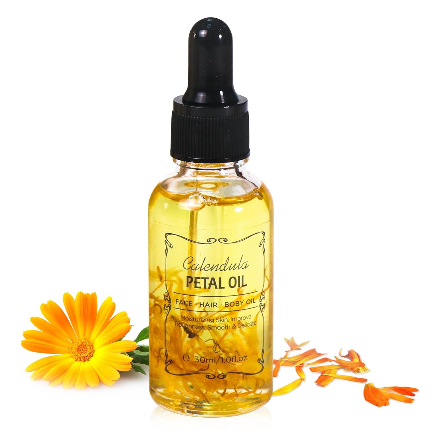 Calendula Essential Oil with Flower Petal, Sunflower Seed, Olive Fruit Natural Massage Oils for Nails, Hair, Body, Face Moisturizing Skincare Oil Serum Dry Hair Strengthening Treatment All Types 30ml-FemmiqueWomen