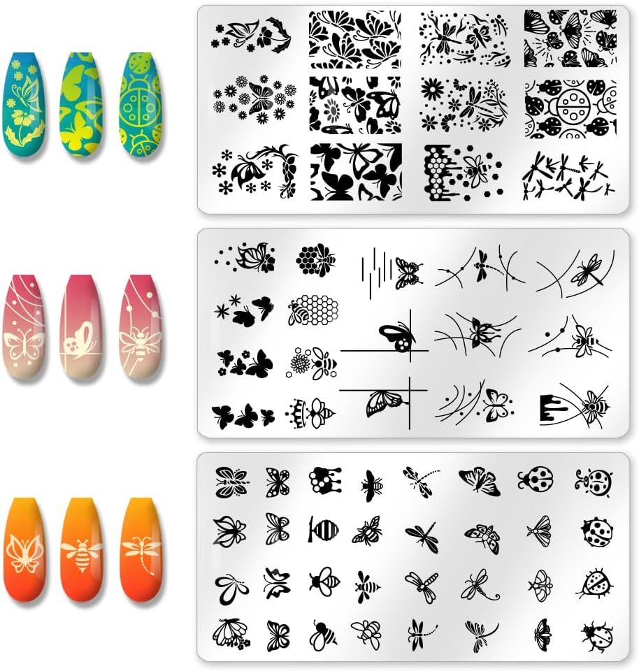 3Pcs Butterfly Dragonfly Nail Stamping Plate Bees Moth Nail Stamping Templates French Tip Art Stamp Plates Stainless Steel DIY Reusable Tools for Manicure Printing-FemmiqueWomen