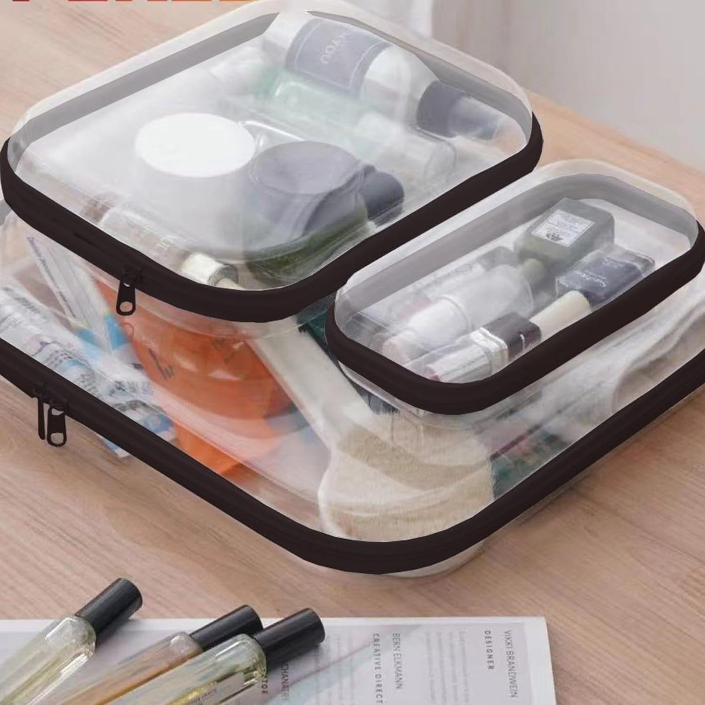 【6-Pack】 Clear Hard Shell Zipper Case Set | Durable Travel Pouches for Toiletries, Makeup Storage Organizer, Toy Storage Box | Transparent Cosmetic Bags with Zipper for Organization (Black)-FemmiqueWomen