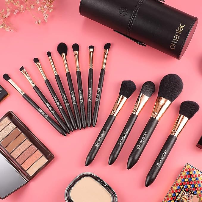 OMANIAC Makeup Brush Set Professional, 12 Pearlescent Wood Handle Makeup Brushes, Premium Cruelty-Free Synthetic Fiber Hair, Travel Make up Brushes Set with Case (Black).-FemmiqueWomen