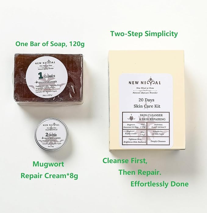 2 Step 20 Days Complete Acne Skin Care Kit.Acne Cleanser Pure Mugwort Essential Oil Soap Face Wash-Cleanse, Hydrate,Moisturize,Harmonize for Restored Skin Balance-1Pcs,120g-FemmiqueWomen