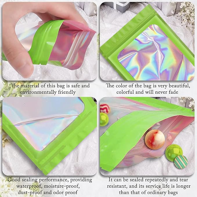 100 Pack Holographic Bags,Smell Proof Packaging Bags, Clear Window Resealable Odor Foil Pouch Mylar Bags for Food Storage and Lipgloss, Jewelry Lash(Green, 2.4 x 3.9 Inch)-FemmiqueWomen