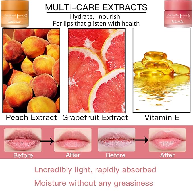 2PCS Lip Sleeping Mask, Lip Mask Overnight, Moisture & Lip Plumper Lip Wrinkles, Repair Lip Balm Prevention Dry and Cracked Lip Scrubs Exfoliato Smoothing Dry Lip Mask (Peach + Grapefruit)-FemmiqueWomen