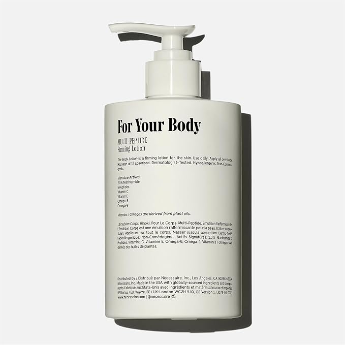 Nécessaire The Body Lotion with Pump. Hinoki. Multi-Peptide Firming Lotion to Moisturize, Firm, Strengthen. 2.5% Niacinamide, Vitamin C/E + Omega 6/9. 450ml / 15.2 fl oz-FemmiqueWomen