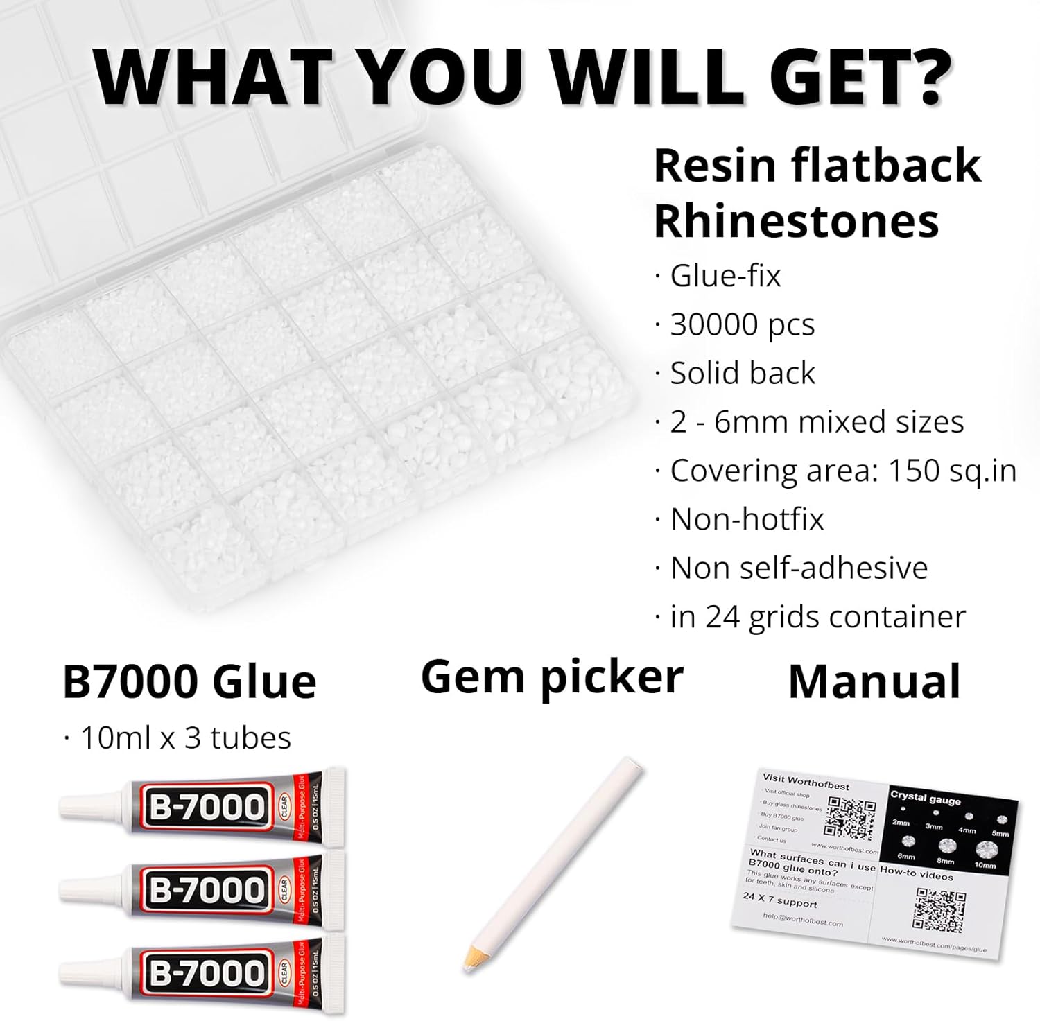 30000Pcs Resin Rhinestones Kit for Crafting Bedazzling, Solid White Flatback Gems Diamonds for Crafts Clothes Shoes Fabric Tumbler Jersey, Flat Back Jewels Bulk Assortment with b7000 Glue-FemmiqueWomen