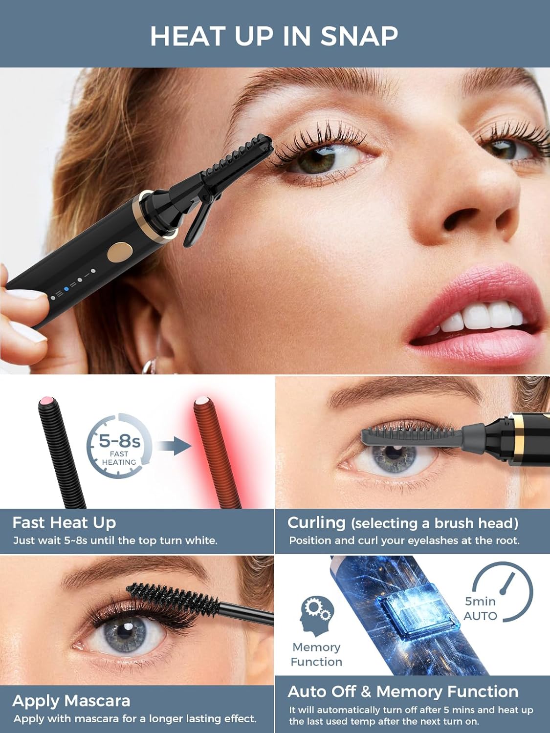 Smiling Shark Heated Eyelash Curler, 2025 New 360°Wand-Style Heated Lash Brush Rechargeable with 3 Brush Heads & 3 Temp 【Lengthen/Define/Curler】 3-in-1 Lash Curler for All Types of Lashes, Black-FemmiqueWomen