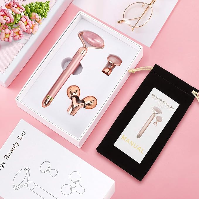 3-IN-1 Electric Jade Roller 3D Roller Facial Roller & Face Massager, Rose Quartz-FemmiqueWomen