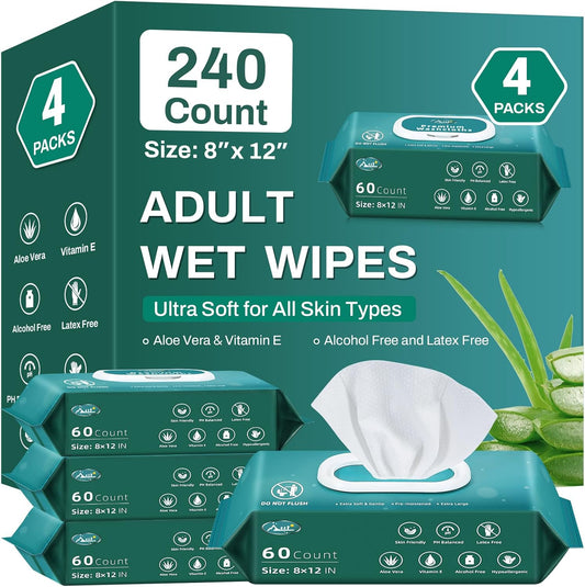 [240 Count] Adult Wipes for Elderly, 8" x 12" Extra Large Adult Wipes for Incontinence & Cleansing - Disposable Washcloth for Elderly Bathing No-Rinse - Vitamin E & Aloe-FemmiqueWomen