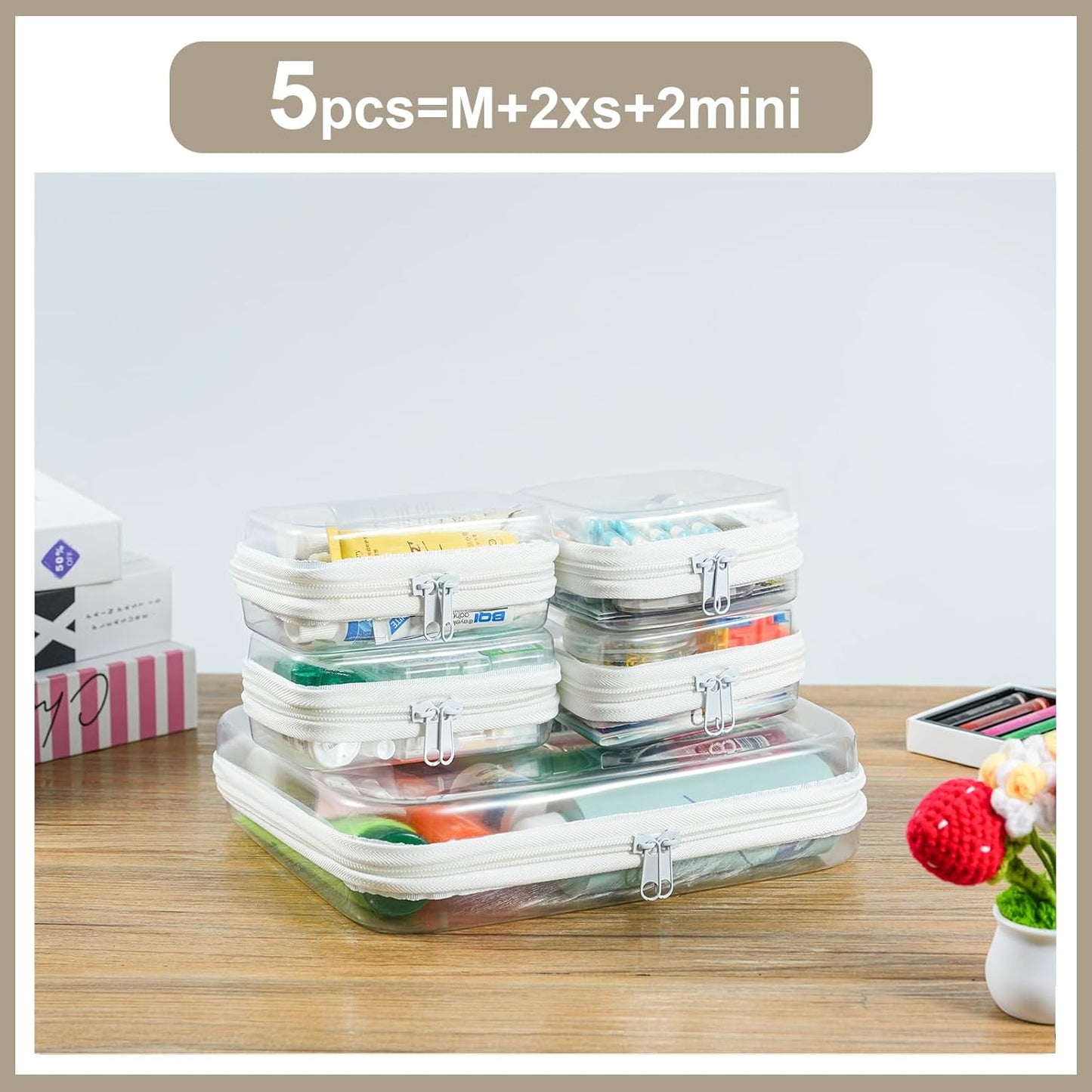 5 pcs Clear Zipper Pouches, Toiletry Bag for Travel, Stackable Waterproof Diaper Bag, Zipper Pouch, Travel Organizer, Clear Cosmetic Bag,Toy Storage Bins (M + 2Mini + 2XS)-FemmiqueWomen