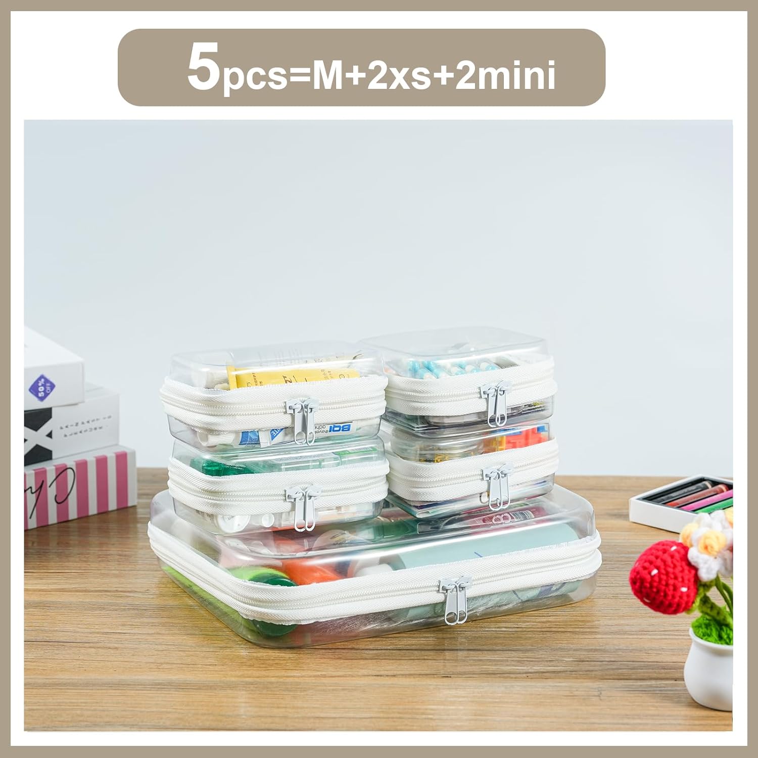 5 pcs Clear Zipper Pouches, Toiletry Bag for Travel, Stackable Waterproof Diaper Bag, Zipper Pouch, Travel Organizer, Clear Cosmetic Bag,Toy Storage Bins (M + 2Mini + 2XS)-FemmiqueWomen