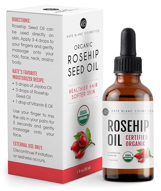 Kate Blanc Cosmetics Rosehip Oil for Face & Softer Glowing Skin (1oz, Organic, Pure, Cold Pressed) Rosehip Seed Face Oil for Facial & Gua Sha Massage-FemmiqueWomen
