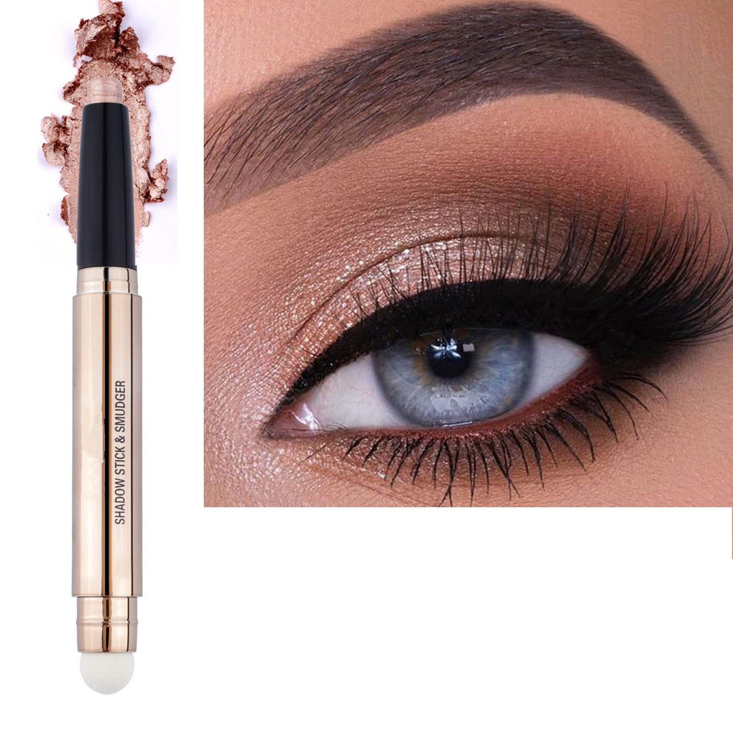 2 in 1 Eyeshadow stick and Sponge Makeup Brush, Brown Smooth Cream Shimmer Shadow Pencil Long Lasting Waterproof Eye Shadow Highlighter Stick Makeup , Hypoallergenic Eyeshadow, Highlighter Eye Liner-FemmiqueWomen