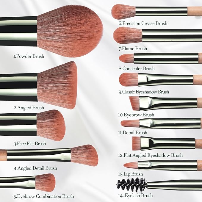 BS-MALL Travel Makeup Brush Set Foundation Powder Concealers Eye Shadows Makeup Set with LED light Mirror 14 Pcs (Green)-FemmiqueWomen