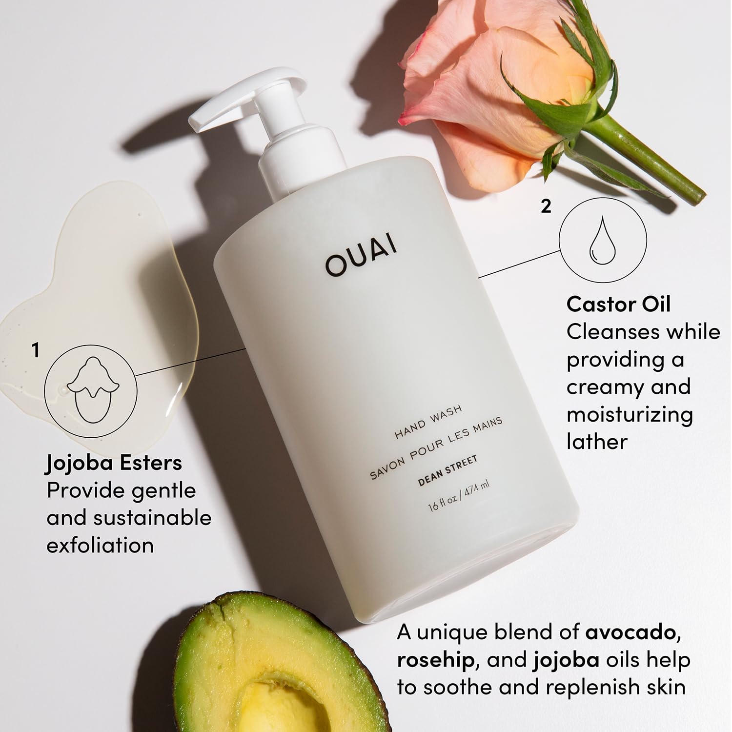 OUAI Hand Wash, Dean Street - Liquid Hand Soap with Jojoba, Avocado, & Rose Hip Oil for Replenished Skin - Gentle Exfoliating Kitchen & Bathroom Soap (16 Fl Oz)-FemmiqueWomen