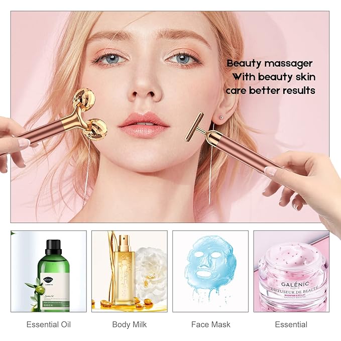 2-IN-1 Beauty Bar 24k Golden Pulse Facial Face Massager, Electric 3D Roller and T Shape Arm Eye Nose Head Massager Facial Roller Massager Kit Skin Care Tools-FemmiqueWomen
