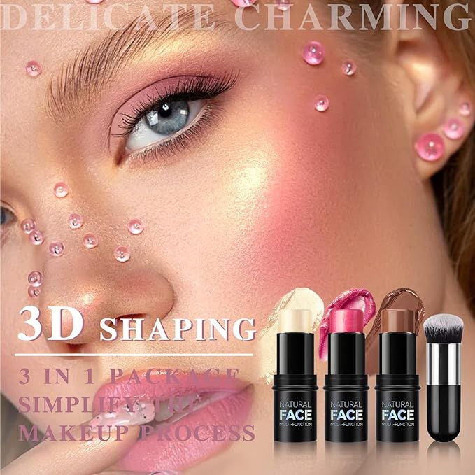 3Pcs Contour Highlighter Cream Blush Stick for Cheeks Eyes Lips Lightweight Dewy Finish Blush Stick Waterproof Long Lasting Contour Stick Trio Wand Face Makeup Set for Girls and Women (1+3+4)-FemmiqueWomen