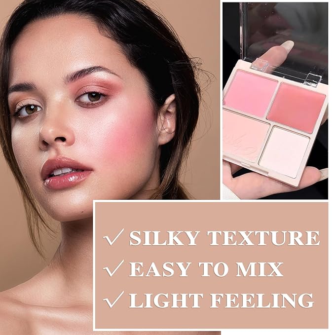 3Pcs 4 Colors Blush Palette,Matte Contour Makeup Blush for Cheeks,Waterproofing Highly Pigmented Face Cheek Blusher with Make Up Brush A1-FemmiqueWomen