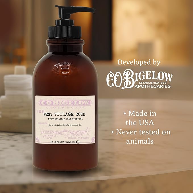 C.O. Bigelow West Village Rose Body Lotion, Iconic Collection Moisturizing Body Lotion with Shea Butter, Borage Oil & Grapeseed Oil, 10.5 Fl Oz-FemmiqueWomen