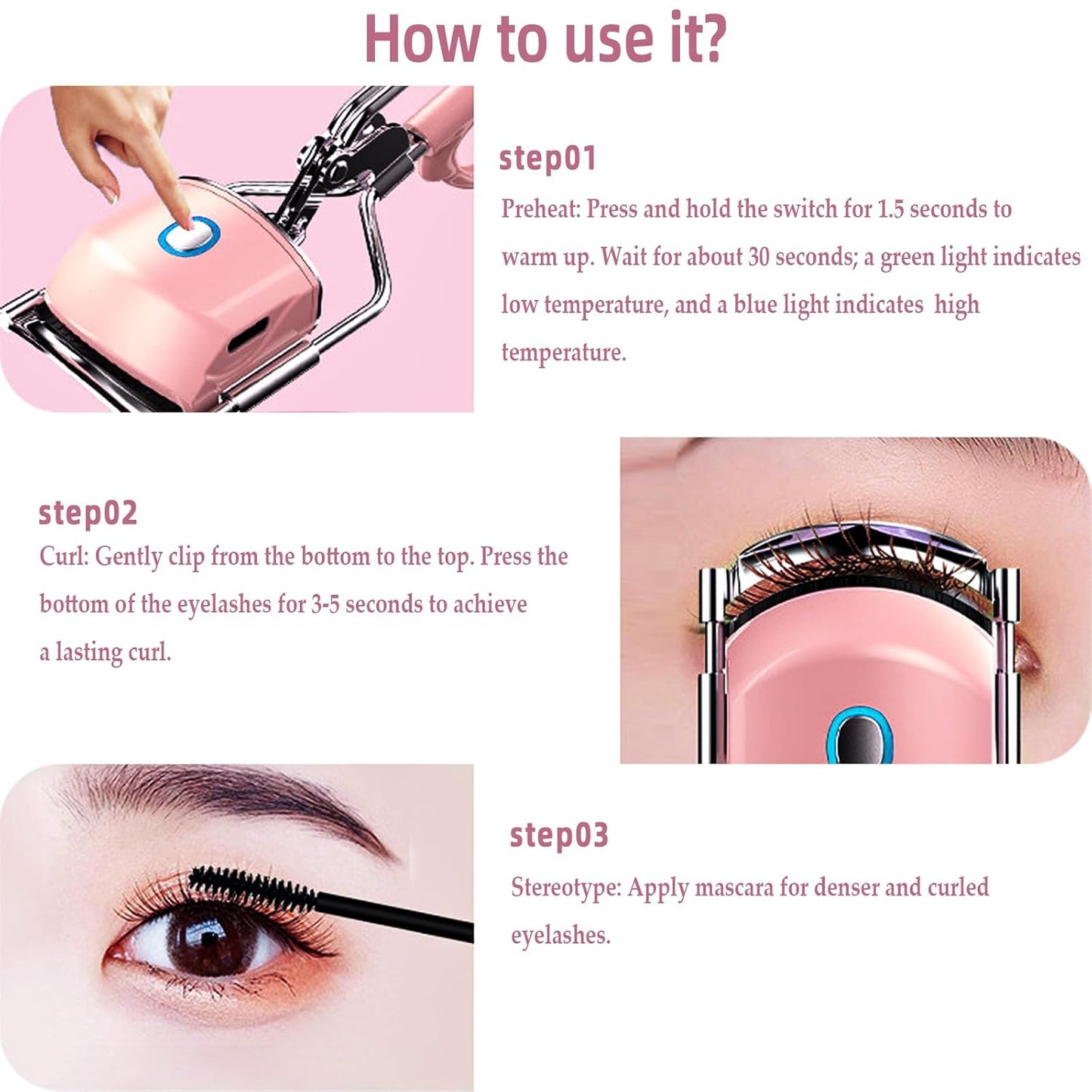 Pinkiou Heated Eyelash Curler for Women USB Rechargeable Lash Curler Long Lasting Ironing Electric Eyelash Curler with Silcone Pad Replacable Great Makeup Tools for Her-FemmiqueWomen