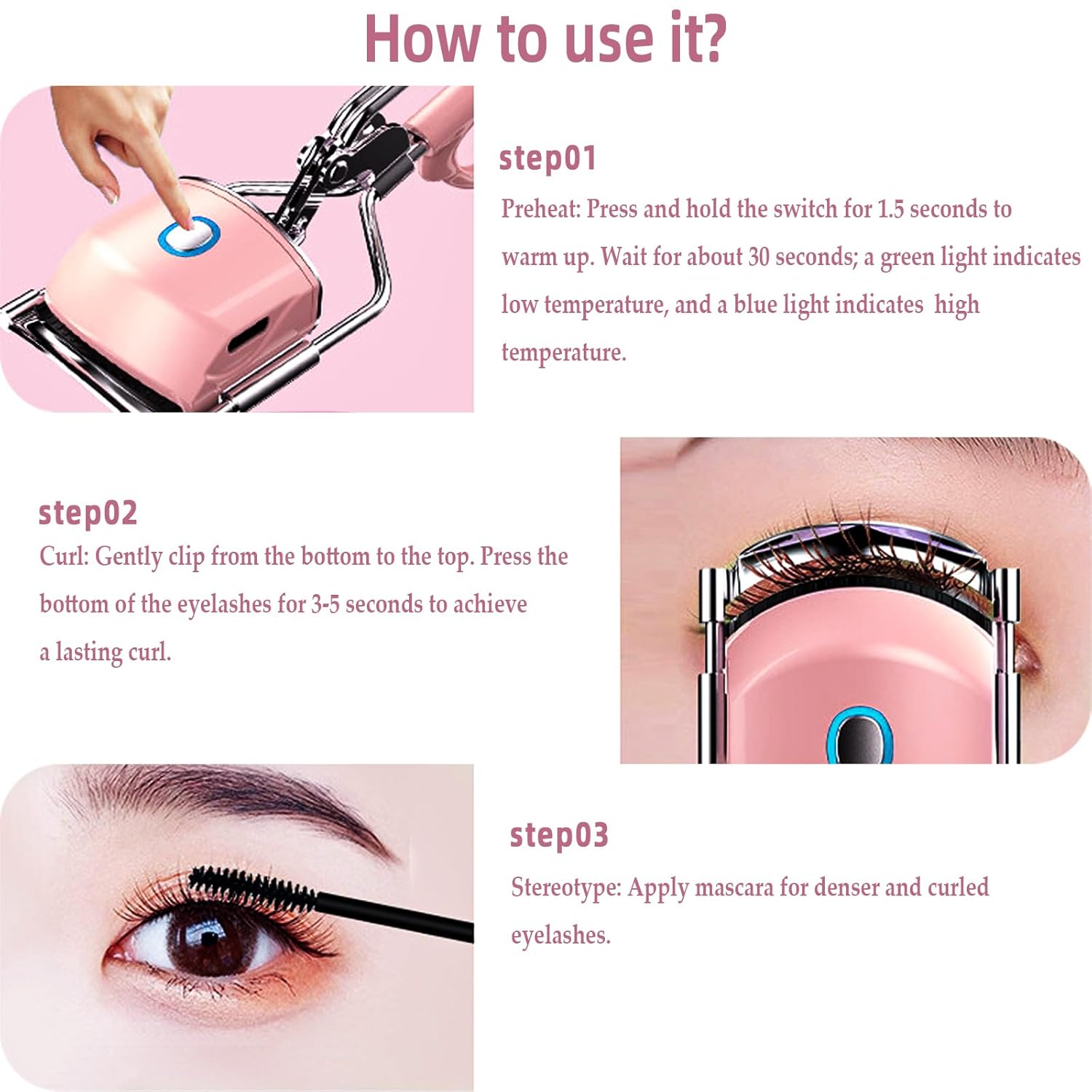Pinkiou Heated Eyelash Curler for Women USB Rechargeable Lash Curler Long Lasting Ironing Electric Eyelash Curler with Silcone Pad Replacable Great Makeup Tools for Her-FemmiqueWomen