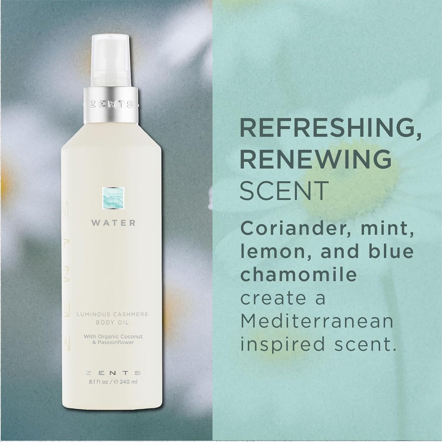 Zents Luminous Cashmere Body Oil (Water Fragrance) | Moisturizing Body Oil with Vitamin E & Organic Coconut Oil | Softens & Smooths Skin | 8 fl oz-FemmiqueWomen