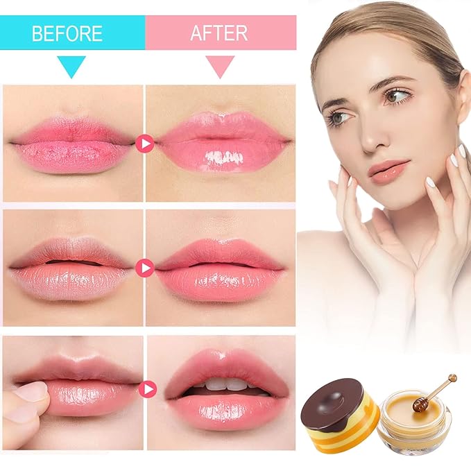 2 Pack Bee Lip Balm Honey Pot, Honey & Strawberry Lip Mask Propolis Lip Mask Moisturizing Hydrating Prevention Dry and Cracked Lip Scrubs Exfoliator (Honey+Strawberry)-FemmiqueWomen