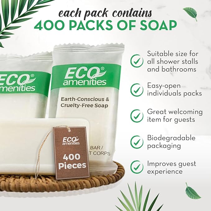 ECO amenities Travel Size Bar Soap - 400 PACK, 0.5 oz Mini Soap Bars, Hotel Soap Bars, Travel Size Toiletries - Individually Wrapped Bulk Soap Bar, Small Hotel Soaps for BNBs, VRBO, Inns and Hotels-FemmiqueWomen