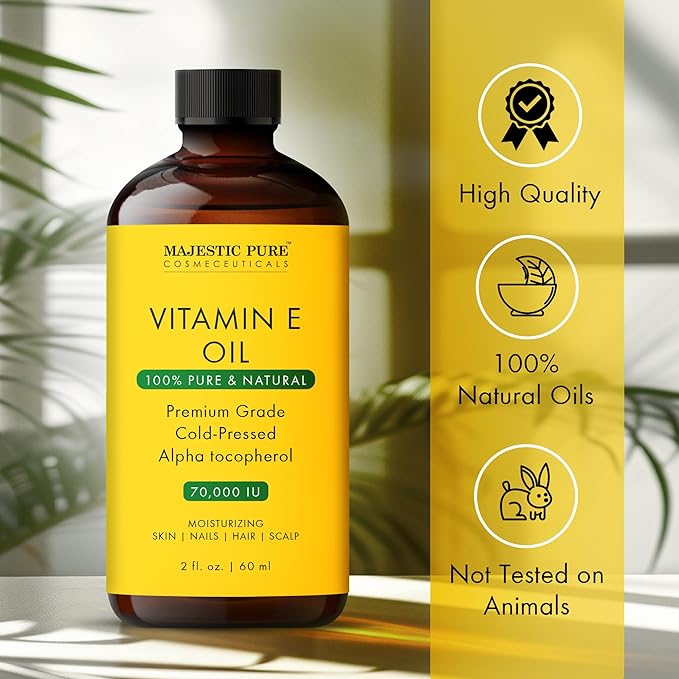 Majestic Pure Vitamin E Oil - 100% Pure & Natural, 70,000 IU | Premium Grade, Cold-Pressed and Tocopherol to Repair Dry, Damaged Skin | Moisturizing Skin, Hair and Scalp 2 Fl Oz-FemmiqueWomen