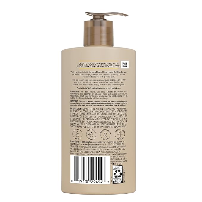 Jergens Natural Glow Hydra Gel Moisturizer, Gradual Tanning Lotion with Hyaluronic Acid, Hydrating Tanning Gel, Fragrance-Free Self Tanner, Medium to Deep Skin Tones 8.3 Fl Oz-FemmiqueWomen