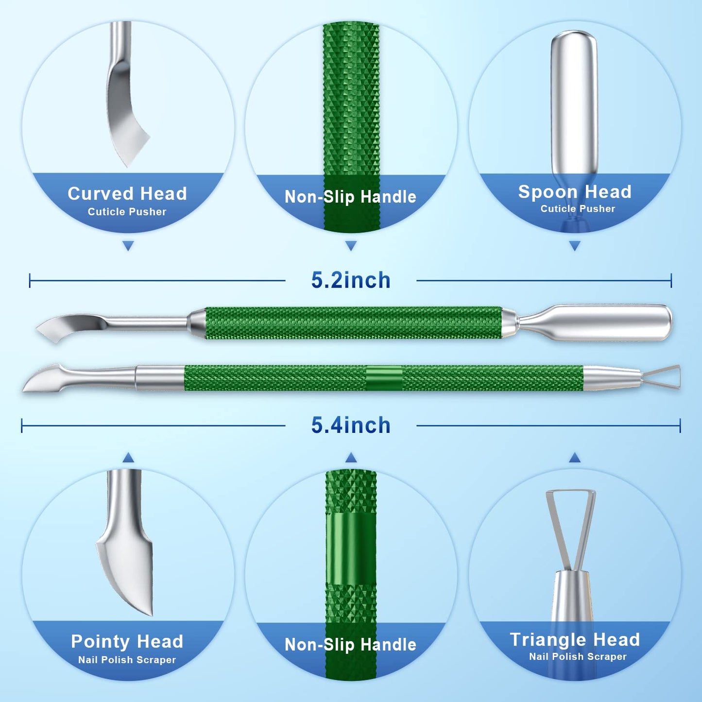 2PCS Metal Dark Green Cuticle Pusher and Cutter Remover Salon Quality Stainless Steel Gel Nail Polish Peeler Scraper Durable Manicure and Pedicure Cleaner Tool For Fingernail and Toenail-FemmiqueWomen