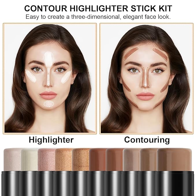 2Pcs Cream Contour Stick Makeup Kit, Cream Highlighter Stick and Bronzer Contour Stick with Longwear Waterproof Formula for Brightening and Trimming the Cheeks, Makeup Brush Include (#01, 10)-FemmiqueWomen