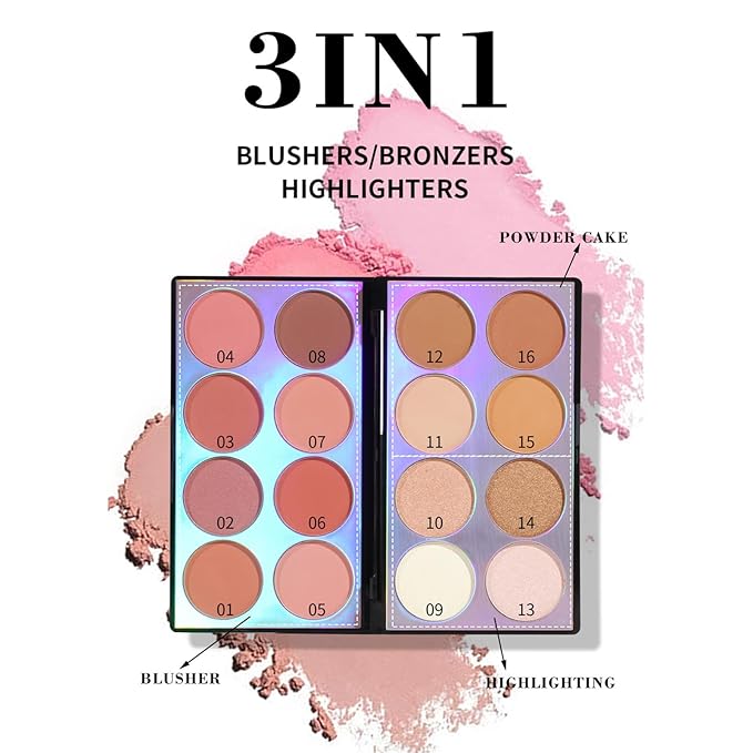 16 Colors Blush Contour Highlighter Makeup Palette with Brush, Shimmer Matte Mineral Face Blush Powder for Cheek, All in One Face Sculpting Bronzer Blusher Illuminator Concealer Palette-FemmiqueWomen