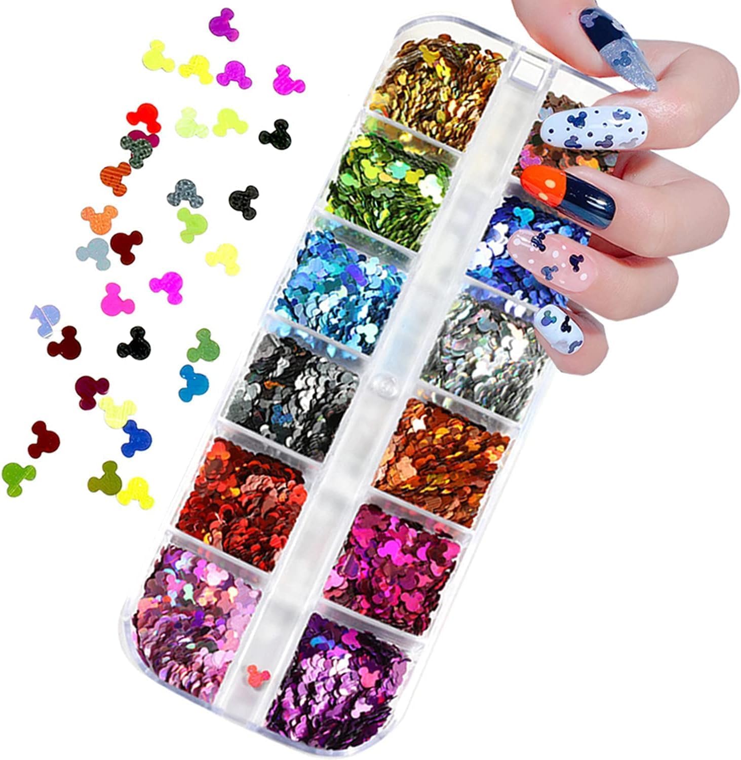 12 Colors Cute Nail Glitter Sequins Nail Art Supplies 3D Holographic Nails Glitters Flakes Glitter Nails Art Stickers Decals Shiny Confetti Face Body Art Glitters Designs Fingernails Art Decoration-FemmiqueWomen