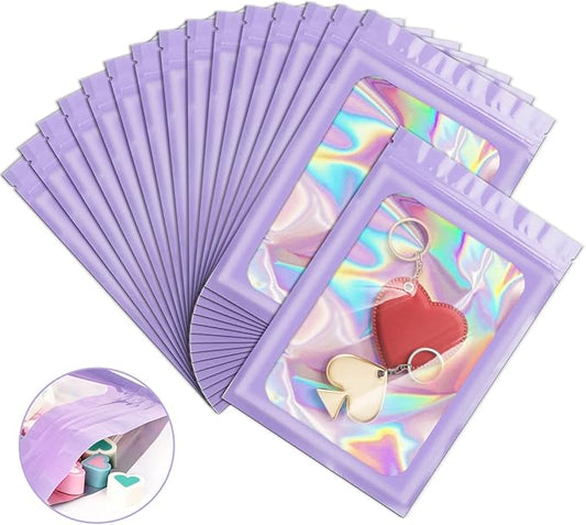 100 Pieces Smell Proof Mylar Bags, Holographic Packaging Bags, Resealable Odor Foil Pouch Zipper Bag with Clear Window for Food Storage and Lipgloss, Jewelry Lash (Purple, 3 x 4.7 Inch)-FemmiqueWomen