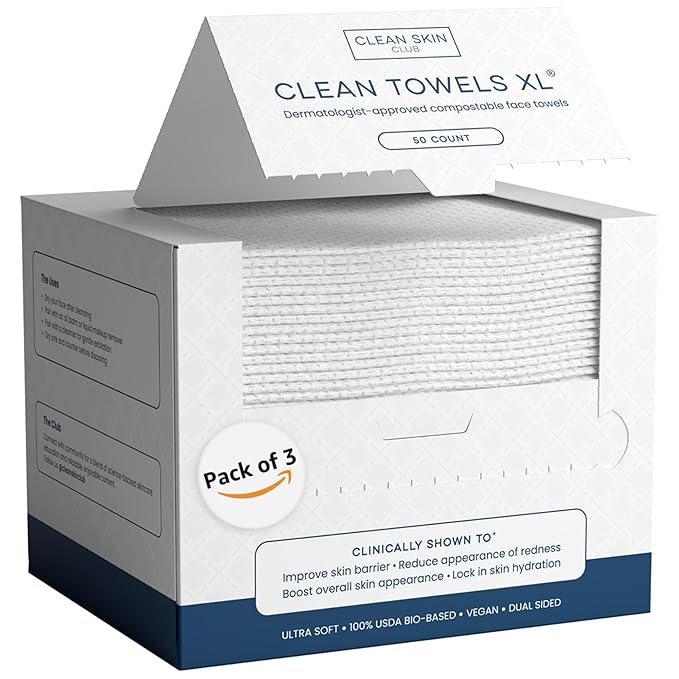Clean Skin Club Clean Towels XL, USDA Certified 100‪%‬ Biobased Dermatologist Approved Disposable Face Towelette, Facial Washcloth, Makeup Remover Dry Wipes, Ultra Soft, 150 count, 3 pack-FemmiqueWomen