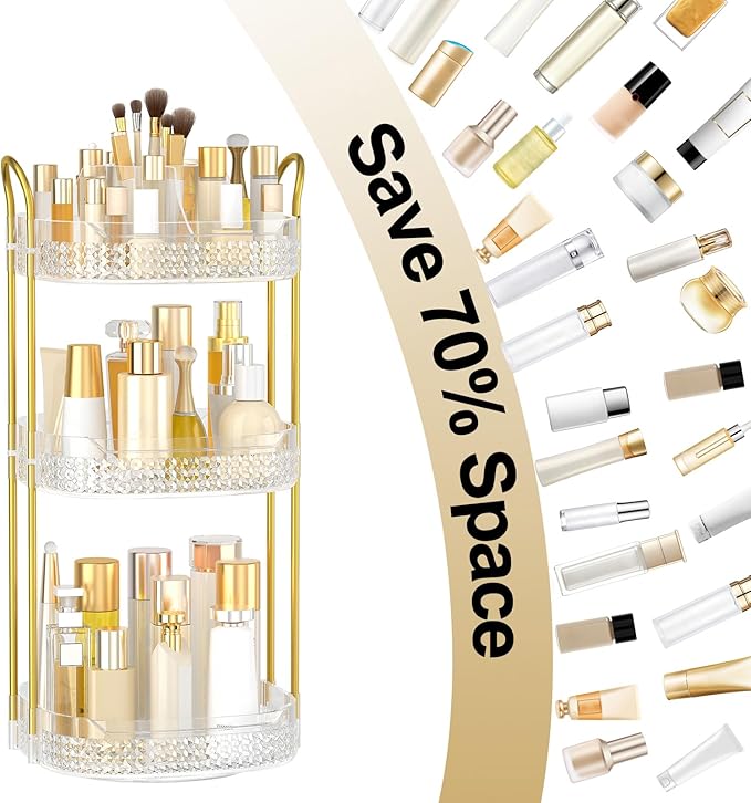 Rotating Makeup Organizer for Vanity 3 Tier, Perfume Organizer with Makeup Brush Holder, Large Capacity Cosmetics Clear Skincare Organizer for Countertop (Transparent)-FemmiqueWomen