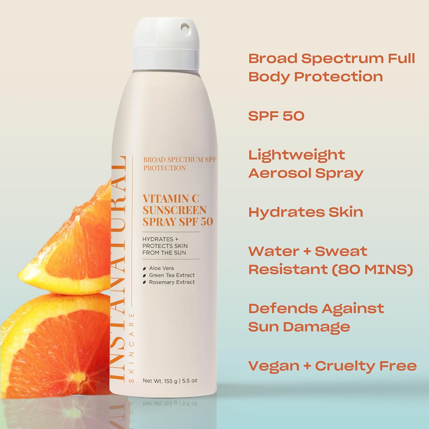 InstaNatural Skin Care Vitamin C SPF 50 Broad Spectrum Sunscreen Spray, Brightens & Hydrates, UVA, UVB Sun Protection Sunblock, with Aloe Vera & Botanicals, Aerosol Bottle, 5.5 Fl Oz-FemmiqueWomen
