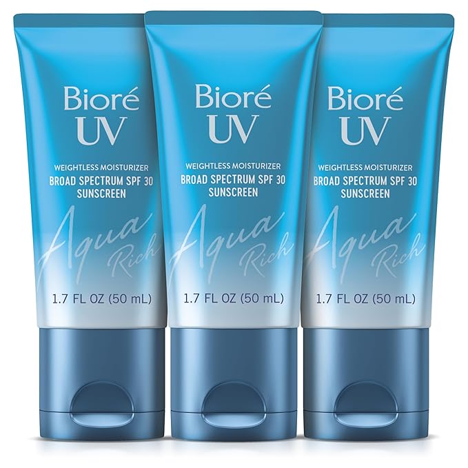 Biore UV Aqua Rich SPF 30 Daily Moisturizer Sunscreen for Face, For Sensitive Skin, Oil Free, Hyaluronic Acid, Vegan, Oxybenzone & Octinoxate Free, Dermatologist Tested, 1.7 Oz, 3pk-FemmiqueWomen
