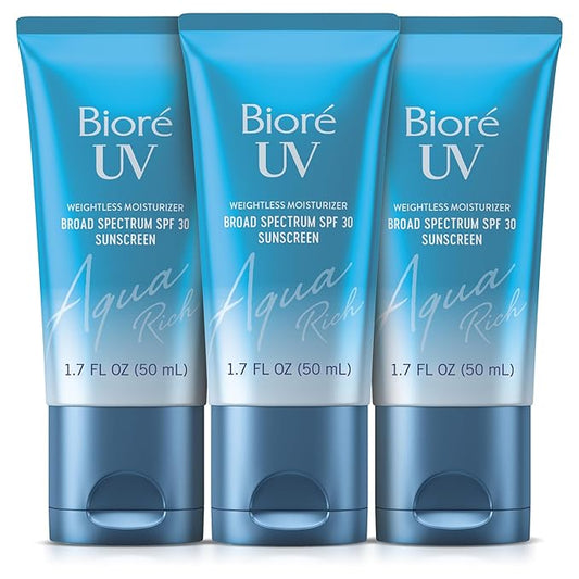 Biore UV Aqua Rich SPF 30 Daily Moisturizer Sunscreen for Face, For Sensitive Skin, Oil Free, Hyaluronic Acid, Vegan, Oxybenzone & Octinoxate Free, Dermatologist Tested, 1.7 Oz, 3pk-FemmiqueWomen