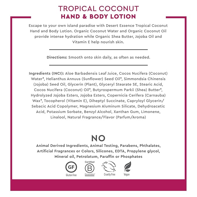 Desert Essence, Tropical Coconut Hand & Body Lotion 8 fl. oz. - Gluten Free - Vegan - Cruelty Free - Coconut Oil, Jojoba Oil & Vitamin E - Intense Hydration - Tropical Coconut Scent-FemmiqueWomen