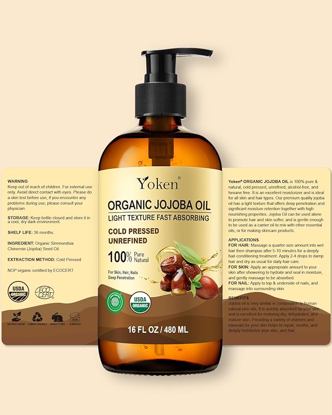 Yoken Organic Jojoba Oil Glass Bottle 16 fl oz, USDA Certified 100% Pure & Natural Jojoba Oil for Hair, Skin & Face, Cold Pressed Unrefined Hexane Free, Deeply Moisturizing Body Serum for Gua Sha-FemmiqueWomen
