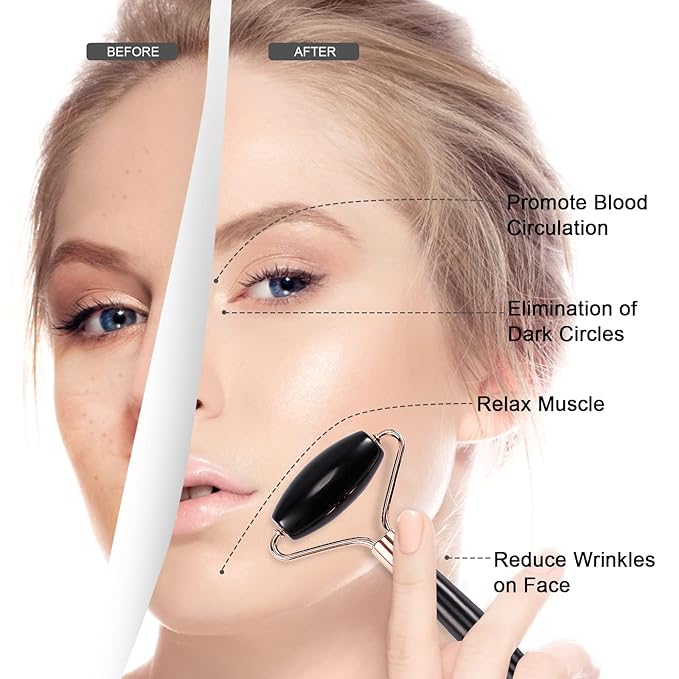 Jade Roller for Face, Facial Roller Massager Skin Care Tool, Gua Sha Facial Tools for Face, Neck, Eyes, Reduce Puffiness of The Skin (Black)-FemmiqueWomen