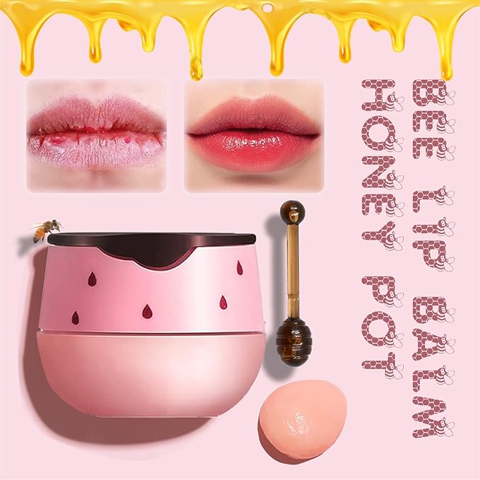 2PCS Lip Balm Honey Pot, Honey Pot Lip Balm for Dry Cracked Lips, Strawberry Lip Balm Scrubs Exfoliator & Moisturizer, Hydrating Lip Balm Honey Pot with Wand, Lip Sleeping Mask (B)-FemmiqueWomen