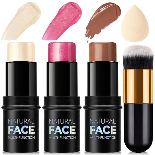 3 Pcs Contour Stick, Highlighter Stick, Blush Stick, Cream Contour Kit with Contour Brush, Create Face Contour, Non-greasy, Waterproof Long-lasting Effect for Women (1+3+4,LIGHT)-FemmiqueWomen